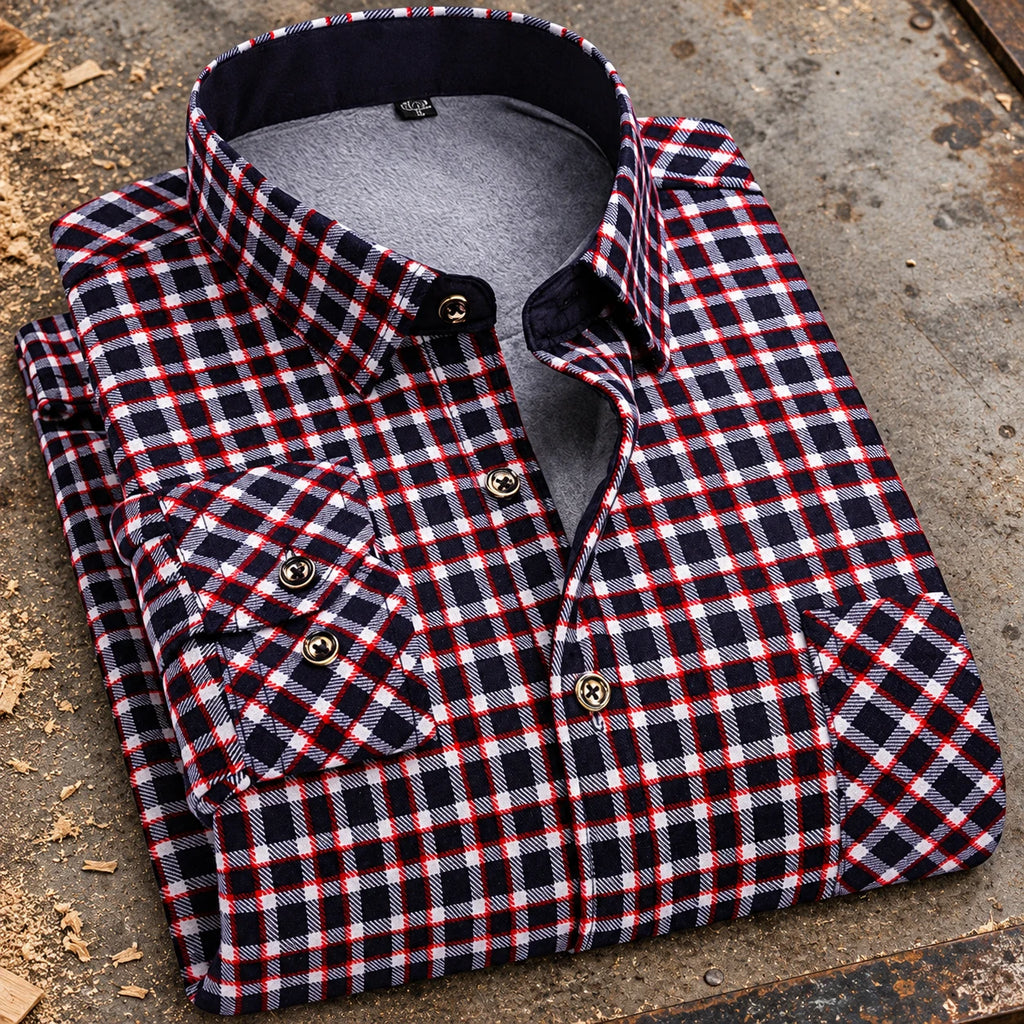 Cold Start Lined Plaid Shirt with industrial background