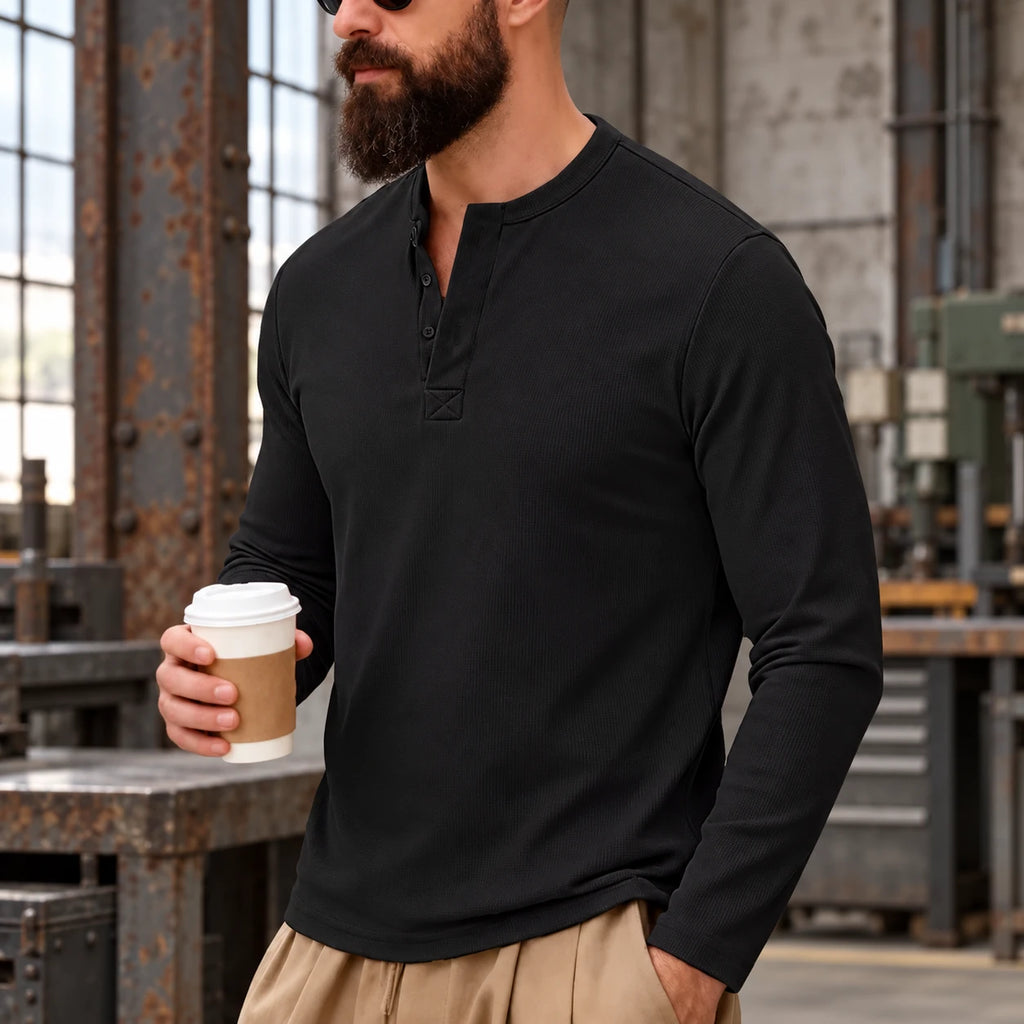 Overtime Long-Sleeve Henley with industrial background