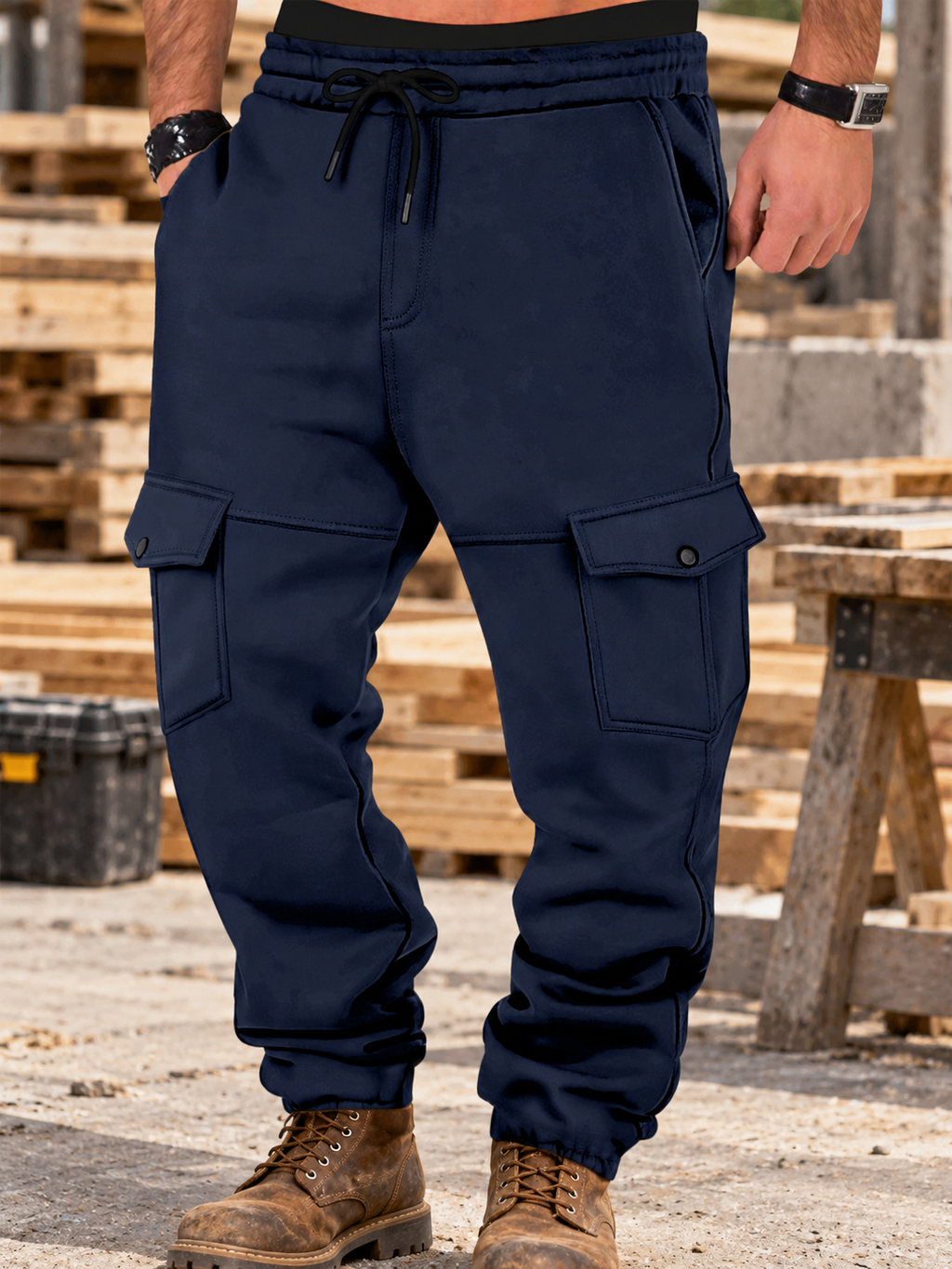 Navy multi-pocket cargo joggers in illustrative worksite setting