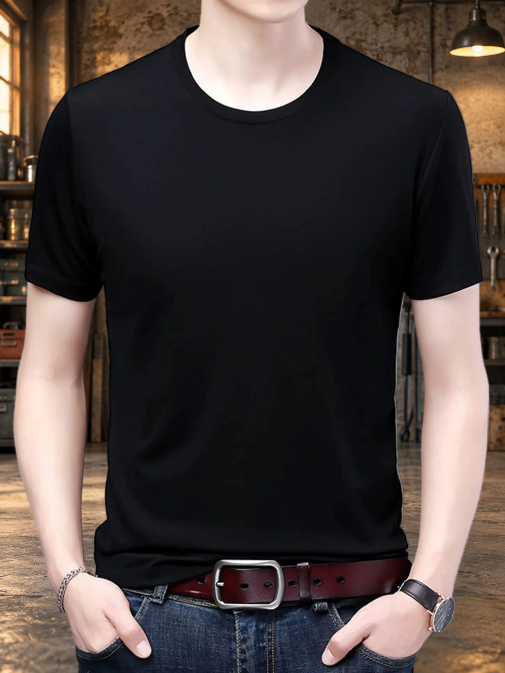 Standard Lightweight Crew Tee in black with rugged workshop background