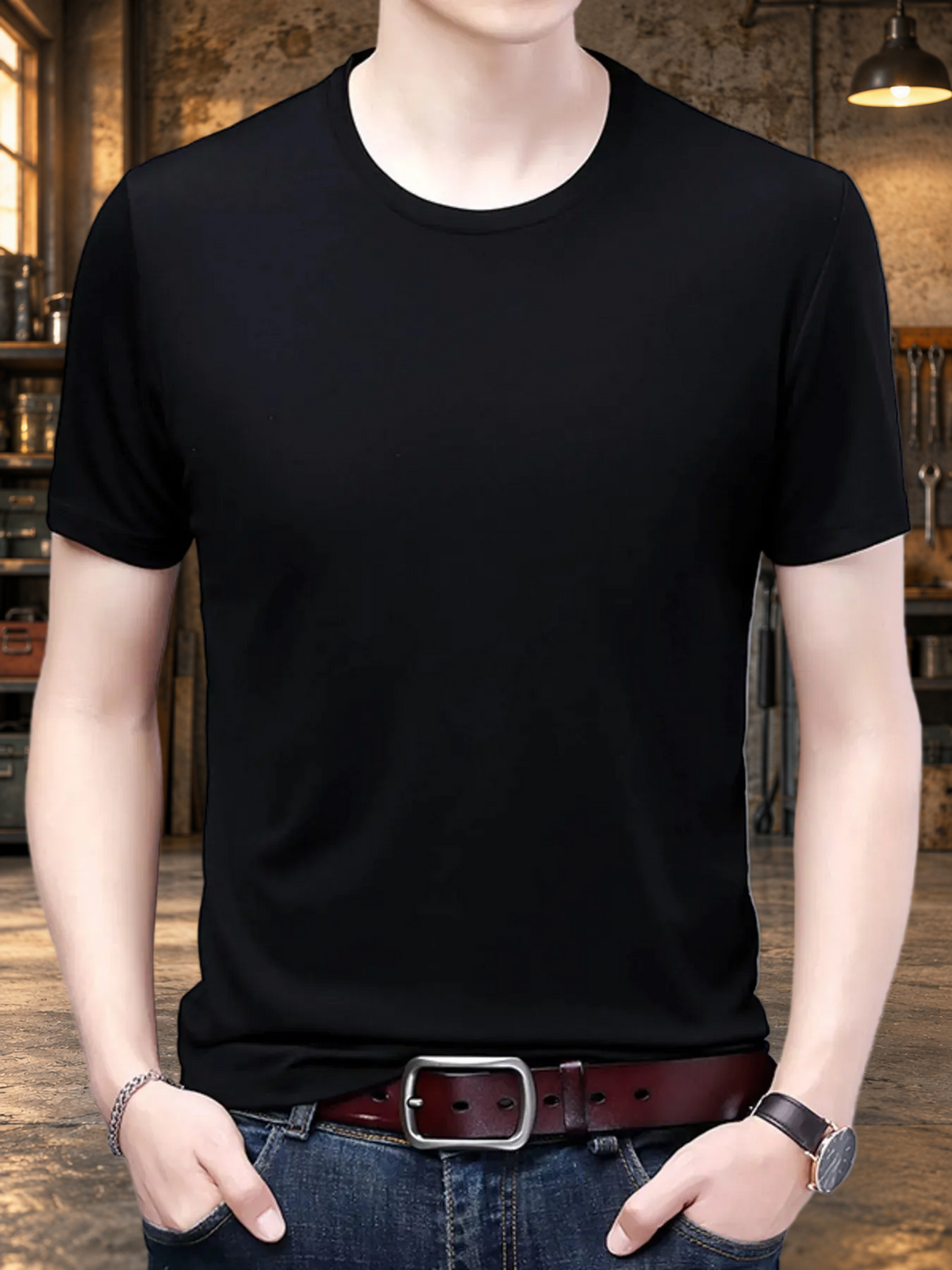 Standard Lightweight Crew Tee in black with rugged workshop background